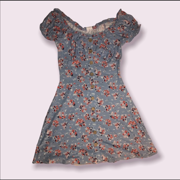 blue flower button down dress puff sleeve cute small - Picture 1 of 2